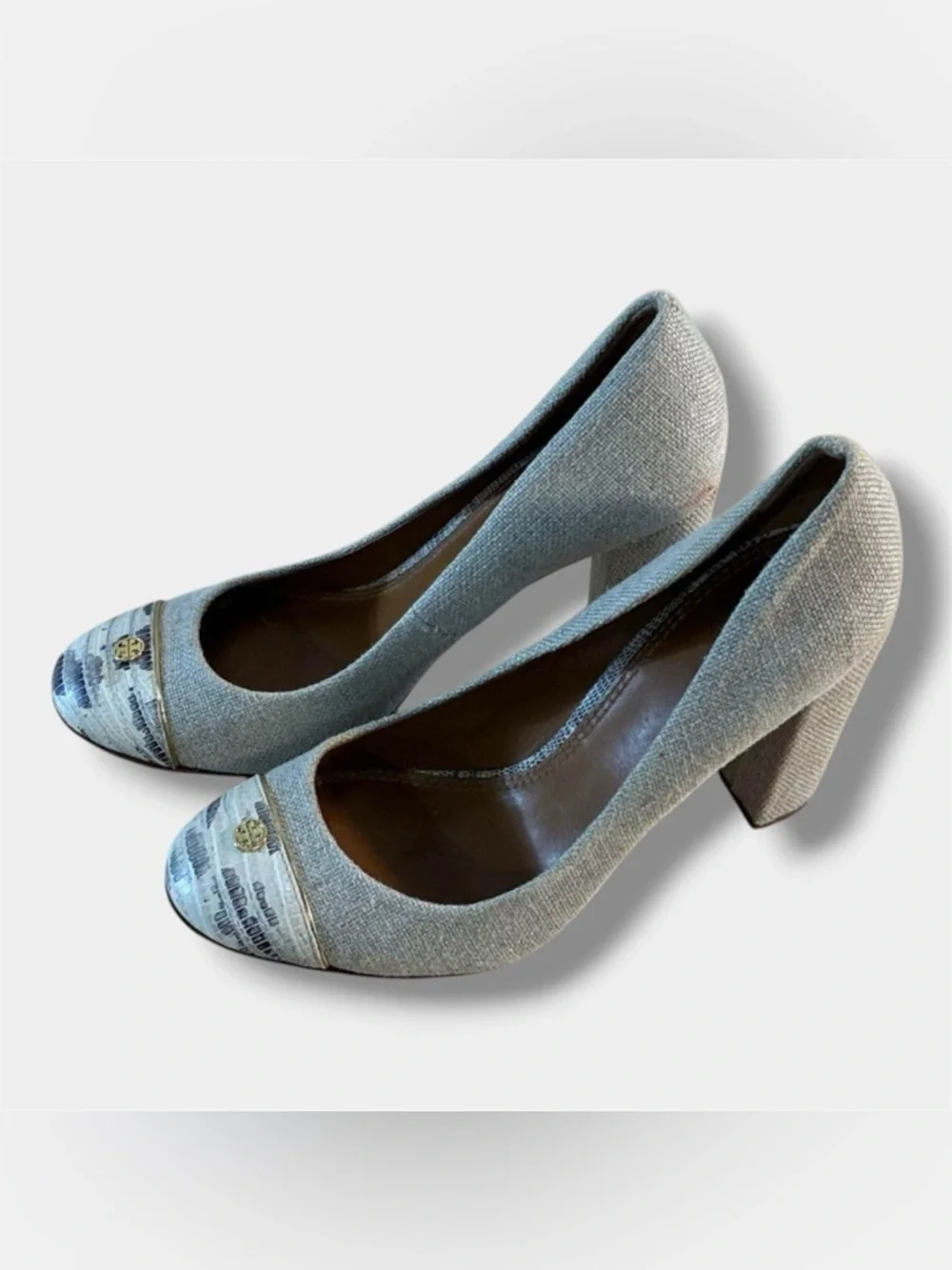 Tory Burch Cap Toe Pumps Linen Fabric Medallion Block Heel Womens Size 7.5M